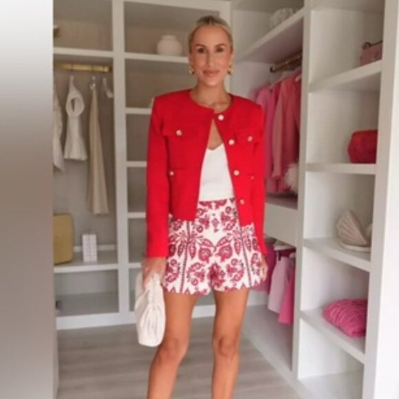 Zara High Waisted Linen Embroidered Shorts - M - Cream, Red & Black - Picture 4 of 7